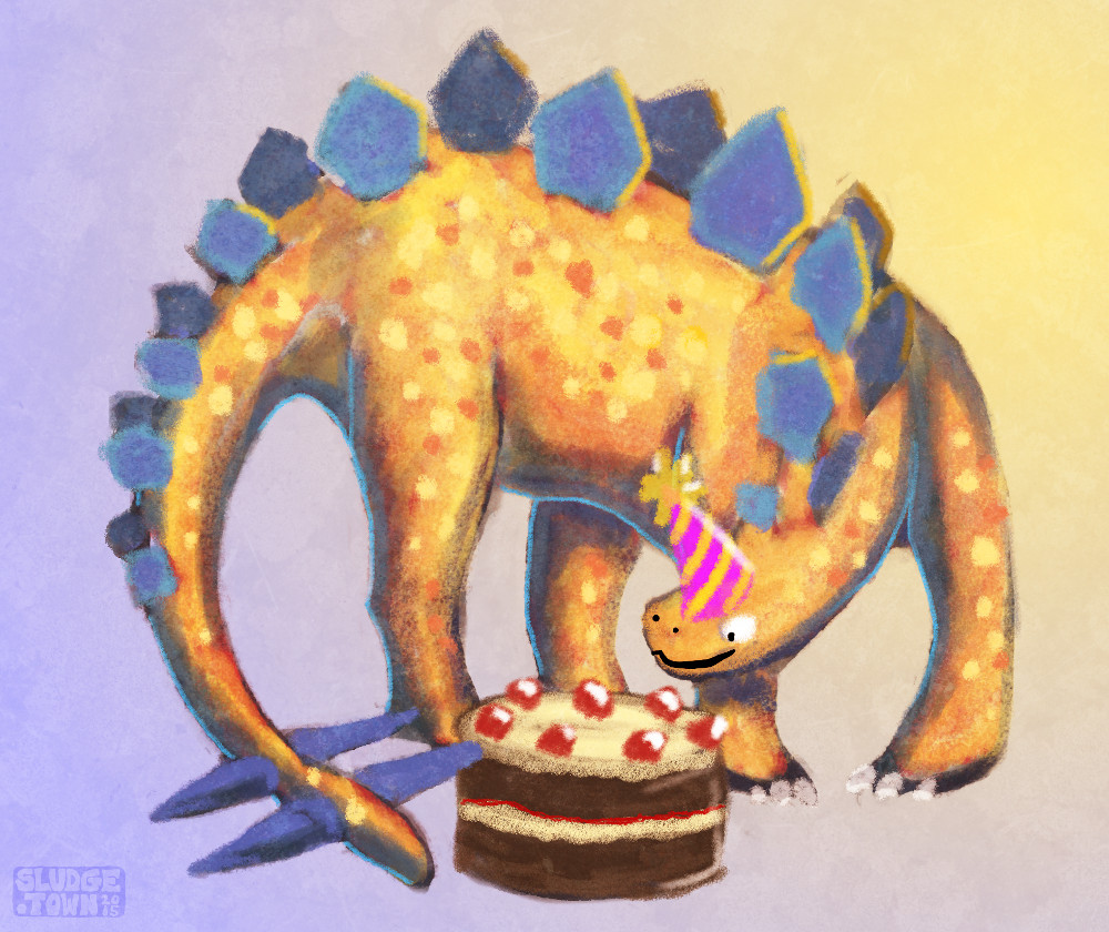 Stegosaurus in party hat looking at cake